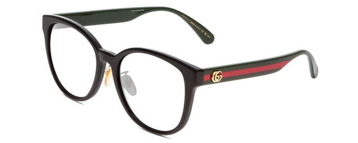 Profile View of GUCCI GG0854SK Designer Single Vision Prescription Rx Eyeglasses in Gloss Black Red Stripe Green Gold Logo Ladies Cateye Full Rim Acetate 56 mm