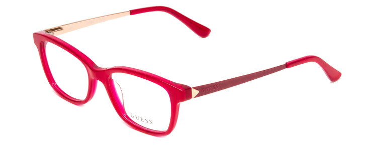 Profile View of Guess GU9177 Designer Reading Eye Glasses with Custom Cut Powered Lenses in Crystal Pink Red Ladies Cateye Full Rim Acetate 47 mm