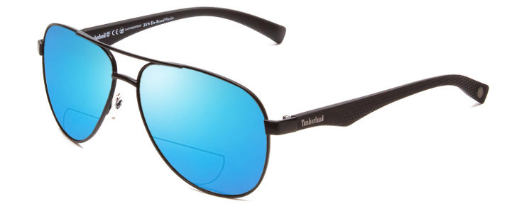 Profile View of Timberland TB9137 Designer Polarized Reading Sunglasses with Custom Cut Powered Blue Mirror Lenses in Black Gunmetal Unisex Aviator Full Rim Metal 60 mm