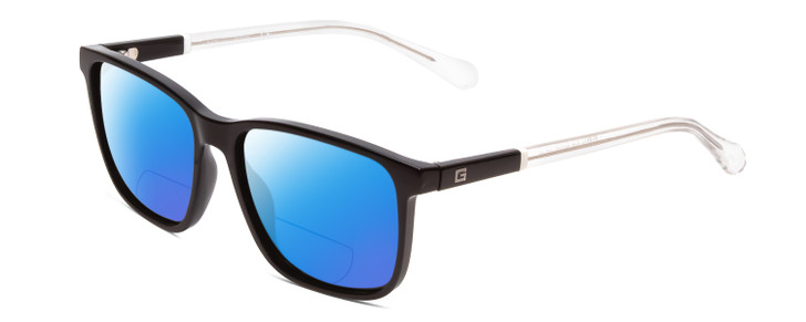 Profile View of Guess GU6944 Designer Polarized Reading Sunglasses with Custom Cut Powered Blue Mirror Lenses in Shiny Black Crystal Clear Unisex Classic Full Rim Acetate 56 mm