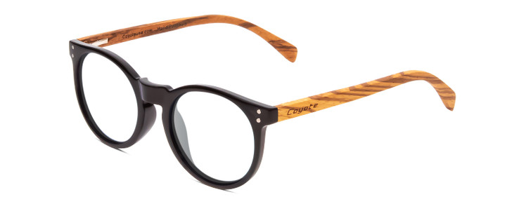 Profile View of Coyote Beachwood II Designer Reading Eye Glasses in Gloss Black Zebra Grey Unisex Round Full Rim Wood 48 mm