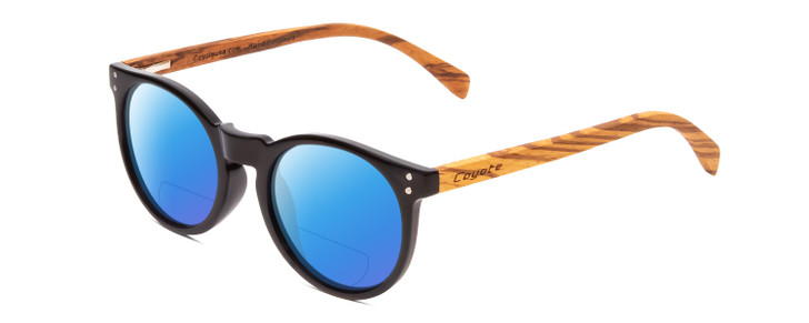 Profile View of Coyote Beachwood II Designer Polarized Reading Sunglasses with Custom Cut Powered Blue Mirror Lenses in Gloss Black Zebra Grey Unisex Round Full Rim Wood 48 mm