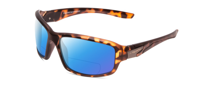 Profile View of Coyote Cascade Designer Polarized Reading Sunglasses with Custom Cut Powered Blue Mirror Lenses in Matte Tortoise Unisex Wrap Full Rim Acetate 60 mm