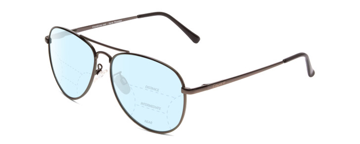 Profile View of Coyote Classic II Designer Progressive Lens Blue Light Blocking Eyeglasses in Silver Unisex Aviator Full Rim Metal 55 mm with Blue Light Zone functionality illustration laid over the lens