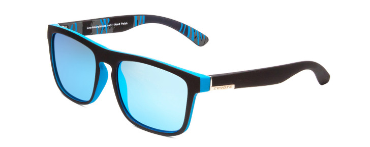 Profile View of Coyote Marco Unisex Square Polarized Sunglasses Black Grey/Ice Blue Mirror 53 mm