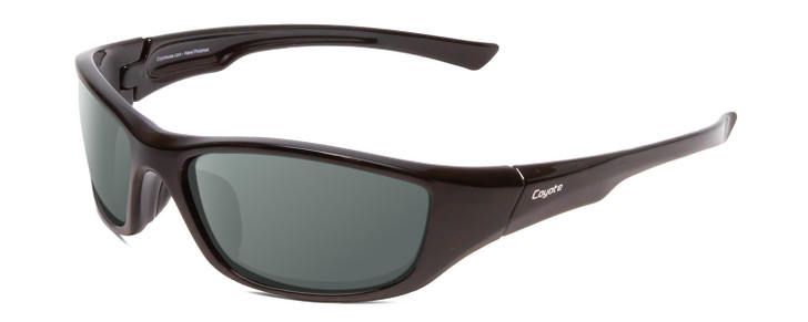 Profile View of Coyote P-19 Designer Polarized Sunglasses with Custom Cut Smoke Grey Lenses in Black Grey Unisex Wrap Full Rim Acetate 60 mm