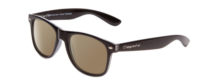 Profile View of Coyote P-23 Designer Polarized Sunglasses with Custom Cut Amber Brown Lenses in Gloss Black Unisex Square Full Rim Acetate 51 mm