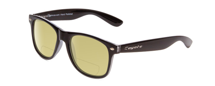 Profile View of Coyote P-23 Designer Polarized Reading Sunglasses with Custom Cut Powered Sun Flower Yellow Lenses in Gloss Black Unisex Square Full Rim Acetate 51 mm