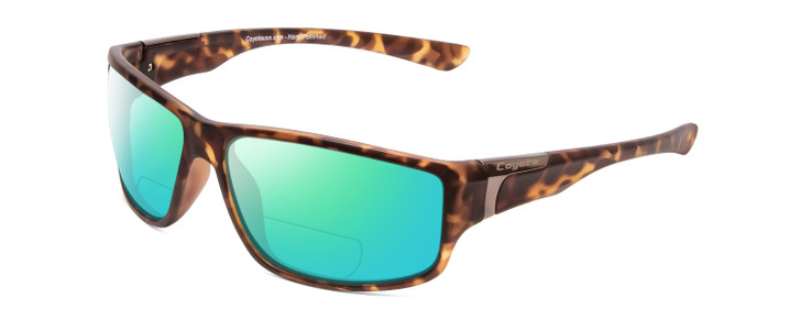 Profile View of Coyote P-37 Designer Polarized Reading Sunglasses with Custom Cut Powered Green Mirror Lenses in Matte Tortoise Unisex Rectangle Full Rim Acetate 61 mm