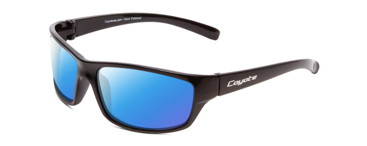 Profile View of Coyote P-42 Designer Polarized Sunglasses with Custom Cut Blue Mirror Lenses in Gloss Black Mens Wrap Full Rim Acetate 62 mm