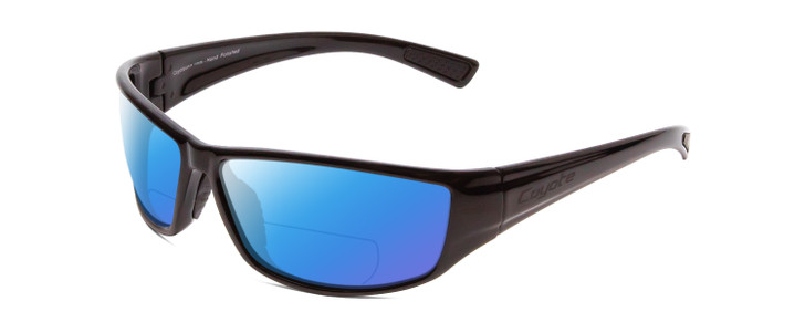 Profile View of Coyote P-44 Designer Polarized Reading Sunglasses with Custom Cut Powered Blue Mirror Lenses in Gloss Black Unisex Wrap Full Rim Acetate 66 mm
