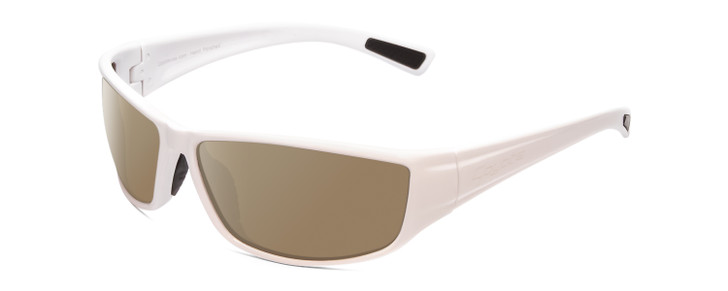 Profile View of Coyote P-44 Designer Polarized Sunglasses with Custom Cut Amber Brown Lenses in White Brown Mens Wrap Full Rim Acetate 66 mm