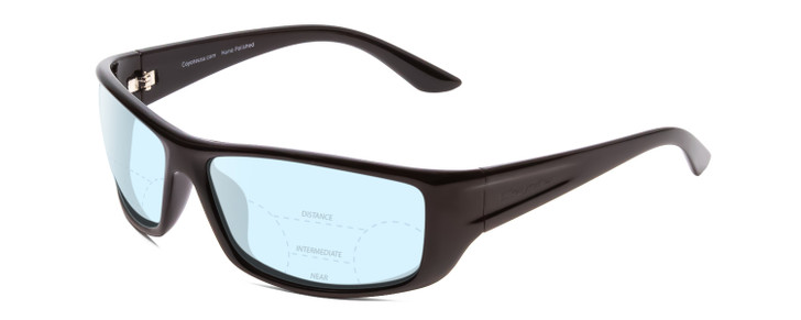 Profile View of Coyote P-59 Designer Progressive Lens Blue Light Blocking Eyeglasses in Gloss Black Unisex Wrap Full Rim Acetate 63 mm with Blue Light Zone functionality illustration laid over the lens