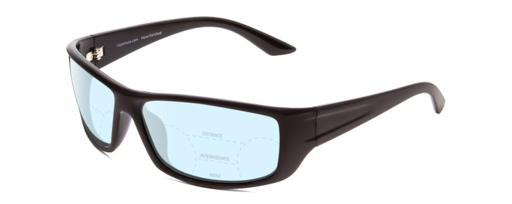 Profile View of Coyote P-59 Designer Progressive Lens Blue Light Blocking Eyeglasses in Matte Black Grey Unisex Wrap Full Rim Acetate 63 mm with Blue Light Zone functionality illustration laid over the lens