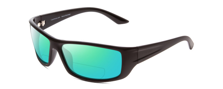 Profile View of Coyote P-59 Designer Polarized Reading Sunglasses with Custom Cut Powered Green Mirror Lenses in Matte Black Grey Unisex Wrap Full Rim Acetate 63 mm