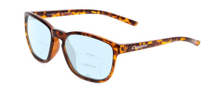 Profile View of Coyote Rambler Designer Progressive Lens Blue Light Blocking Eyeglasses in Tortoise Brown Ladies Square Full Rim Acetate 53 mm with Blue Light Zone functionality illustration laid over the lens