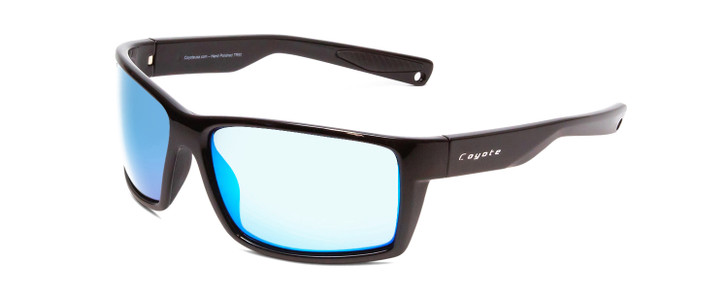 Profile View of Coyote Raptor Mens Wrap Polarized Sunglasses Gloss Black Grey & Blue Mirror 63mm