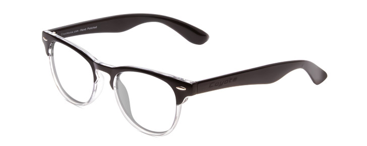 Profile View of Coyote Uptown Designer Reading Eye Glasses in Black Clear Fade Unisex Round Full Rim Acetate 49 mm