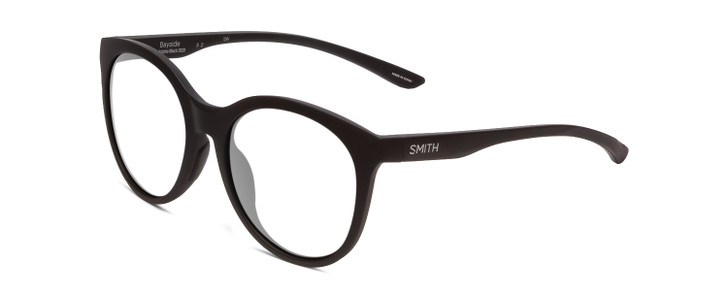 Profile View of Smith Optics Bayside Designer Reading Eye Glasses with Custom Cut Powered Lenses in Matte Black Unisex Cateye Full Rim Acetate 54 mm