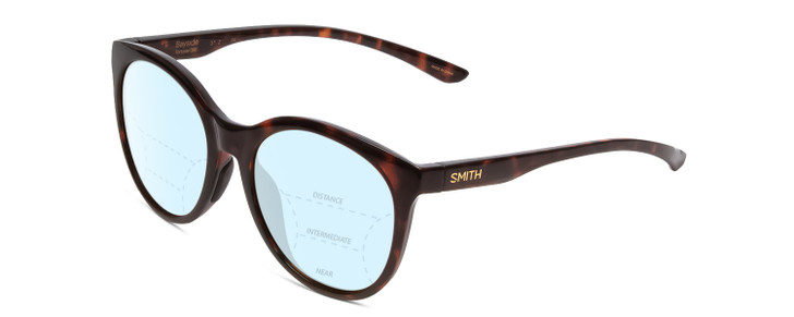 Profile View of Smith Optics Bayside Designer Progressive Lens Blue Light Blocking Eyeglasses in Tortoise Havana Brown Gold Unisex Cateye Full Rim Acetate 54 mm with Blue Light Zone functionality illustration laid over the lens