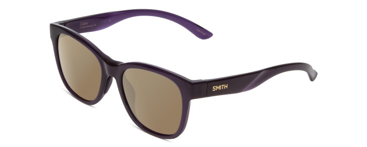 Profile View of Smith Optics Caper Designer Polarized Sunglasses with Custom Cut Amber Brown Lenses in Crystal Midnight Black Purple Ladies Cateye Full Rim Acetate 53 mm