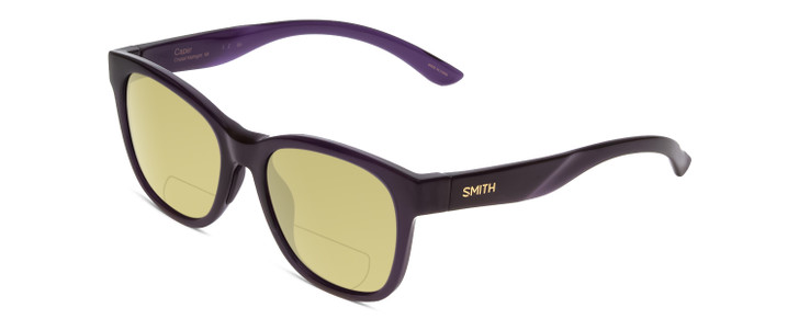 Profile View of Smith Optics Caper Designer Polarized Reading Sunglasses with Custom Cut Powered Sun Flower Yellow Lenses in Crystal Midnight Black Purple Ladies Cateye Full Rim Acetate 53 mm