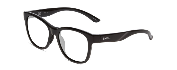 Profile View of Smith Optics Caper Designer Reading Eye Glasses with Custom Cut Powered Lenses in Gloss Black Ladies Cateye Full Rim Acetate 53 mm