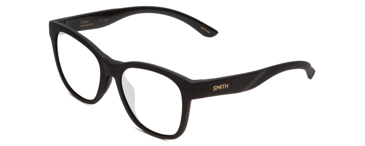 Profile View of Smith Optics Caper Designer Reading Eye Glasses with Custom Cut Powered Lenses in Matte Black Ladies Cateye Full Rim Acetate 53 mm