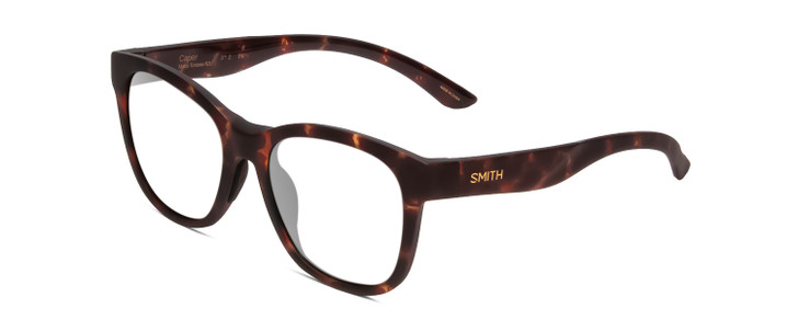 Profile View of Smith Optics Caper Designer Reading Eye Glasses with Custom Cut Powered Lenses in Matte Tortoise Havana Gold Ladies Cateye Full Rim Acetate 53 mm