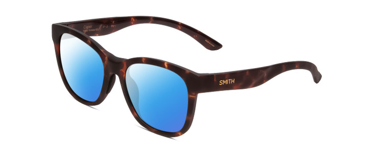 Profile View of Smith Optics Caper Designer Polarized Sunglasses with Custom Cut Blue Mirror Lenses in Matte Tortoise Havana Gold Ladies Cateye Full Rim Acetate 53 mm