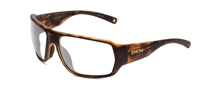 Profile View of Smith Optics Castaway Designer Reading Eye Glasses in Matte Tortoise Havana Gold Unisex Wrap Full Rim Acetate 63 mm