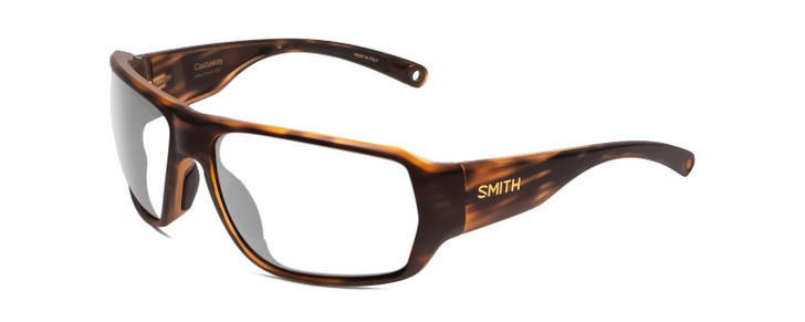 Profile View of Smith Optics Castaway Designer Reading Eye Glasses with Custom Cut Powered Lenses in Matte Tortoise Havana Gold Unisex Wrap Full Rim Acetate 63 mm