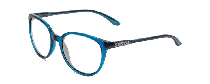 Profile View of Smith Optics Cheetah Designer Single Vision Prescription Rx Eyeglasses in Cool Blue Crystal Ladies Cateye Full Rim Acetate 54 mm