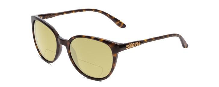 Profile View of Smith Optics Cheetah Designer Polarized Reading Sunglasses with Custom Cut Powered Sun Flower Yellow Lenses in Vintage Tortoise Havana Brown Gold Ladies Cateye Full Rim Acetate 54 mm