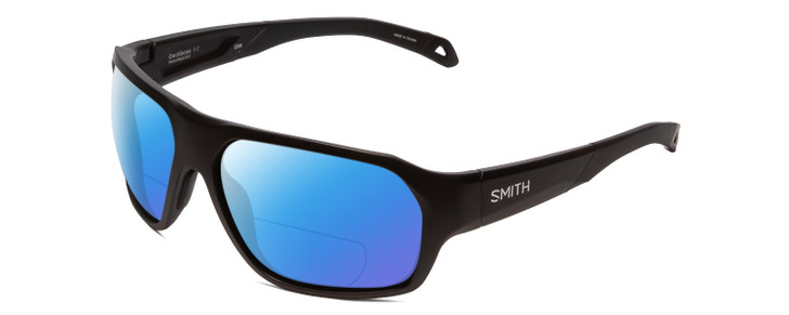 Profile View of Smith Optics Deckboss Designer Polarized Reading Sunglasses with Custom Cut Powered Blue Mirror Lenses in Matte Black Unisex Rectangle Full Rim Acetate 63 mm
