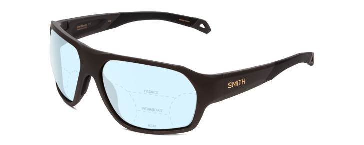 Profile View of Smith Optics Deckboss Designer Progressive Lens Blue Light Blocking Eyeglasses in Matte Gravy Grey Unisex Rectangle Full Rim Acetate 63 mm with Blue Light Zone functionality illustration laid over the lens