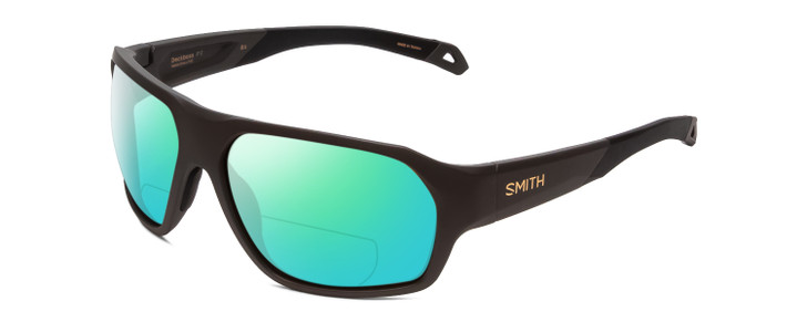 Profile View of Smith Optics Deckboss Designer Polarized Reading Sunglasses with Custom Cut Powered Green Mirror Lenses in Matte Gravy Grey Unisex Rectangle Full Rim Acetate 63 mm