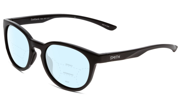 Profile View of Smith Optics Eastbank Designer Progressive Lens Blue Light Blocking Eyeglasses in Gloss Black Unisex Round Full Rim Acetate 52 mm with Blue Light Zone functionality illustration laid over the lens