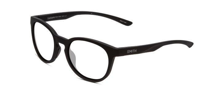 Profile View of Smith Optics Eastbank Designer Reading Eye Glasses with Custom Cut Powered Lenses in Matte Black Unisex Round Full Rim Acetate 52 mm