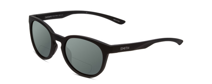 Profile View of Smith Optics Eastbank Designer Polarized Reading Sunglasses with Custom Cut Powered Smoke Grey Lenses in Matte Black Unisex Round Full Rim Acetate 52 mm