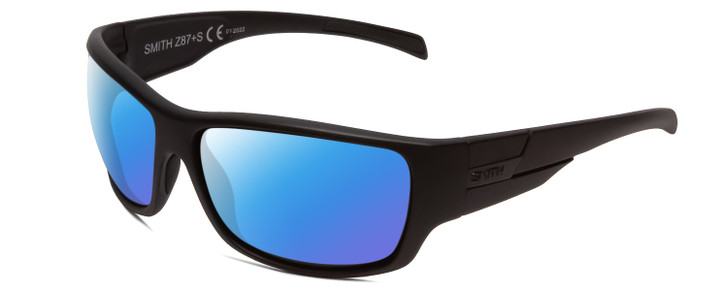 Profile View of Smith Optics Frontman Elite Designer Polarized Sunglasses with Custom Cut Blue Mirror Lenses in Gloss Black Unisex Wrap Full Rim Acetate 61 mm