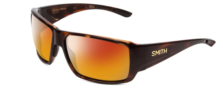 Profile View of Smith Optics Guides Choice Designer Polarized Sunglasses with Custom Cut Red Mirror Lenses in Tortoise Havana Brown Gold Unisex Rectangle Full Rim Acetate 62 mm