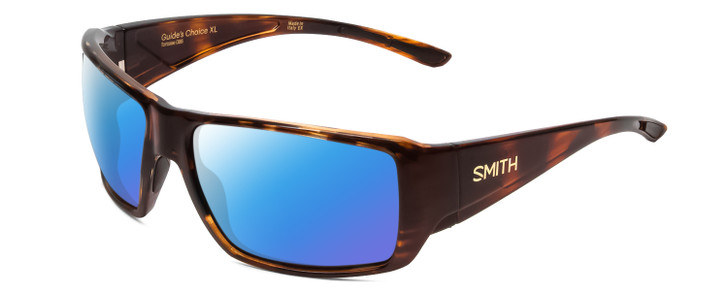 Profile View of Smith Optics Guides Choice XL Designer Polarized Sunglasses with Custom Cut Blue Mirror Lenses in Gloss Tortoise Havana Brown Gold Unisex Rectangle Full Rim Acetate 63 mm