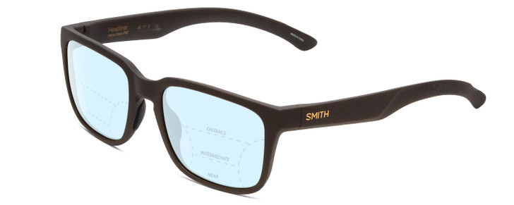 Profile View of Smith Optics Headliner Designer Progressive Lens Blue Light Blocking Eyeglasses in Matte Gravy Grey Unisex Square Full Rim Acetate 55 mm with Blue Light Zone functionality illustration laid over the lens