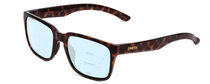 Profile View of Smith Optics Headliner Designer Progressive Lens Blue Light Blocking Eyeglasses in Tortoise Havana Gold Unisex Square Full Rim Acetate 55 mm with Blue Light Zone functionality illustration laid over the lens