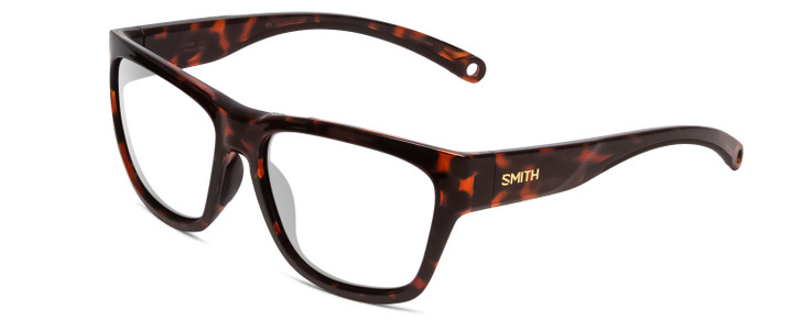 Profile View of Smith Optics Joya Designer Reading Eye Glasses in Tortoise Havana Brown Gold Ladies Square Full Rim Acetate 56 mm