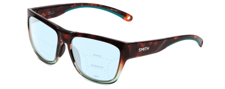 Profile View of Smith Optics Joya Designer Progressive Lens Blue Light Blocking Eyeglasses in Tortoise Havana Brown Gold Crystal Opal Fade Ladies Square Full Rim Acetate 56 mm with Blue Light Zone functionality illustration laid over the lens