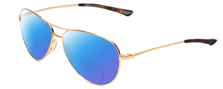 Profile View of Smith Optics Langley Designer Polarized Reading Sunglasses with Custom Cut Powered Blue Mirror Lenses in Rose Gold Unisex Aviator Full Rim Metal 60 mm