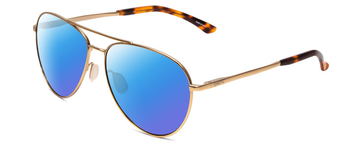 Profile View of Smith Optics Layback Designer Polarized Sunglasses with Custom Cut Blue Mirror Lenses in Matte Gold Unisex Aviator Full Rim Metal 60 mm