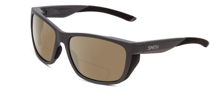 Profile View of Smith Optics Longfin Designer Polarized Reading Sunglasses with Custom Cut Powered Amber Brown Lenses in Matte Cement Grey Unisex Rectangle Full Rim Acetate 59 mm